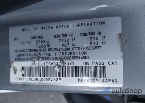 2013 Mazda Mazda3 I Sv z USA, uszkodzony, nr VIN JM1BL1TG6D1768371